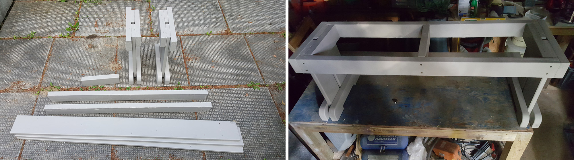 Left: Parts ready for assembly. Right: Assembling the bench.