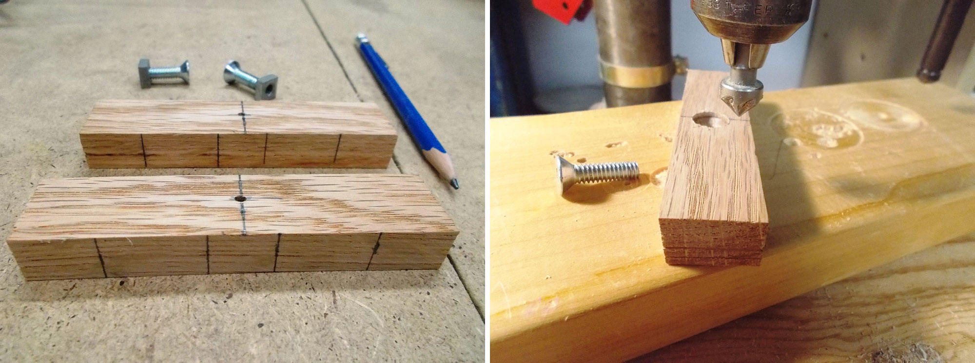 Image left: Two hardwood blocks, two bolts and one pencil on man-made board. Image right: Drilling countersink hole in hardwood block.