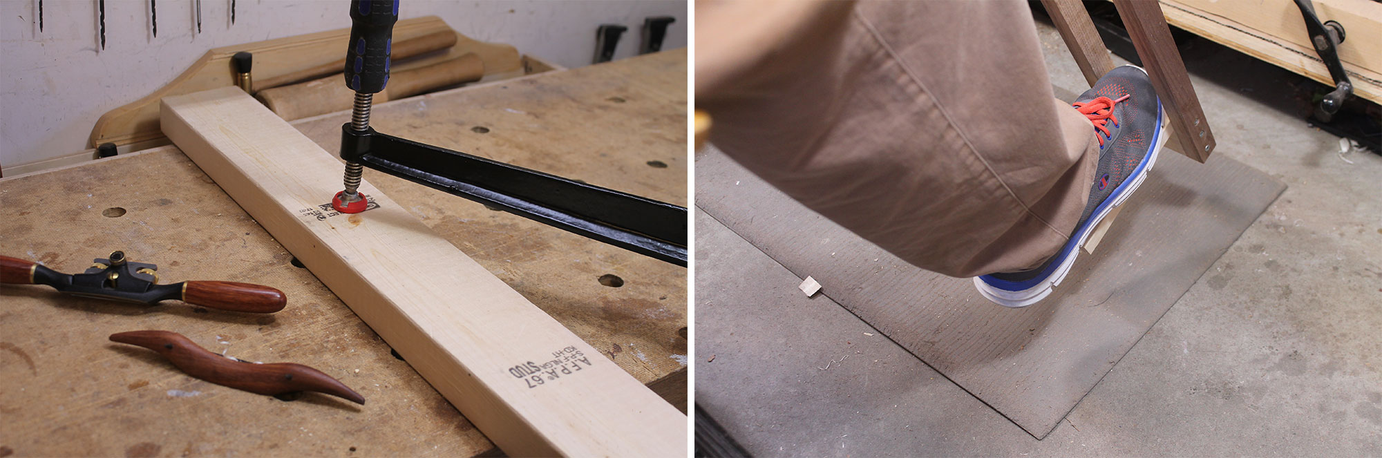 Left: Securing the beam on the bench. Right: Foot pushing the pedal.