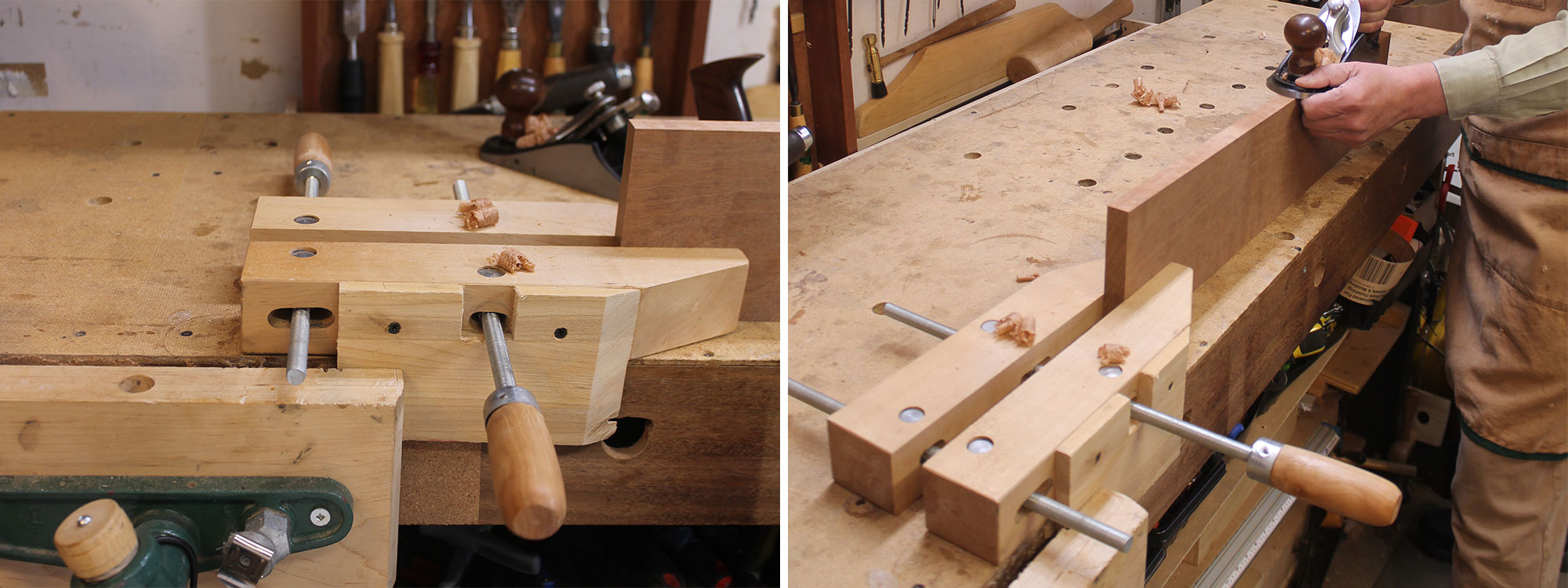 Image left: Using a handscrew with a bench vise. Image right: Using the clamp as a vise on the bench top.