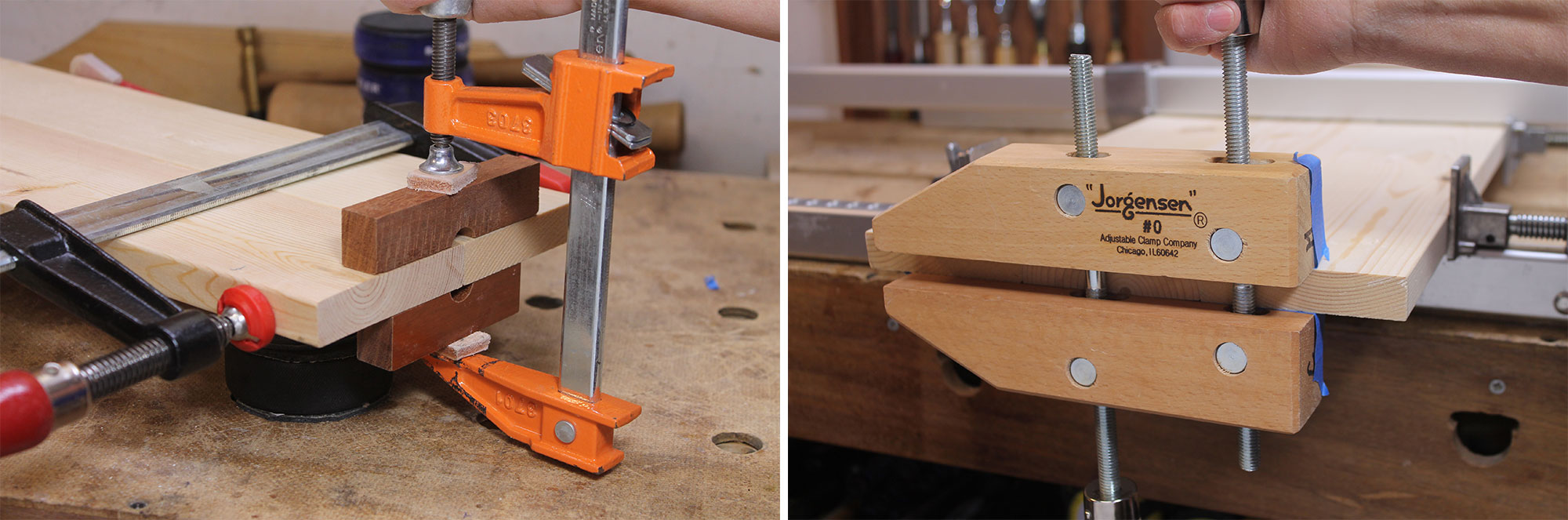 Image left: Using notched blocks to flush up the boards at the outer ends of each joint. Image right: Tape prevents glue from marring the handscrew.