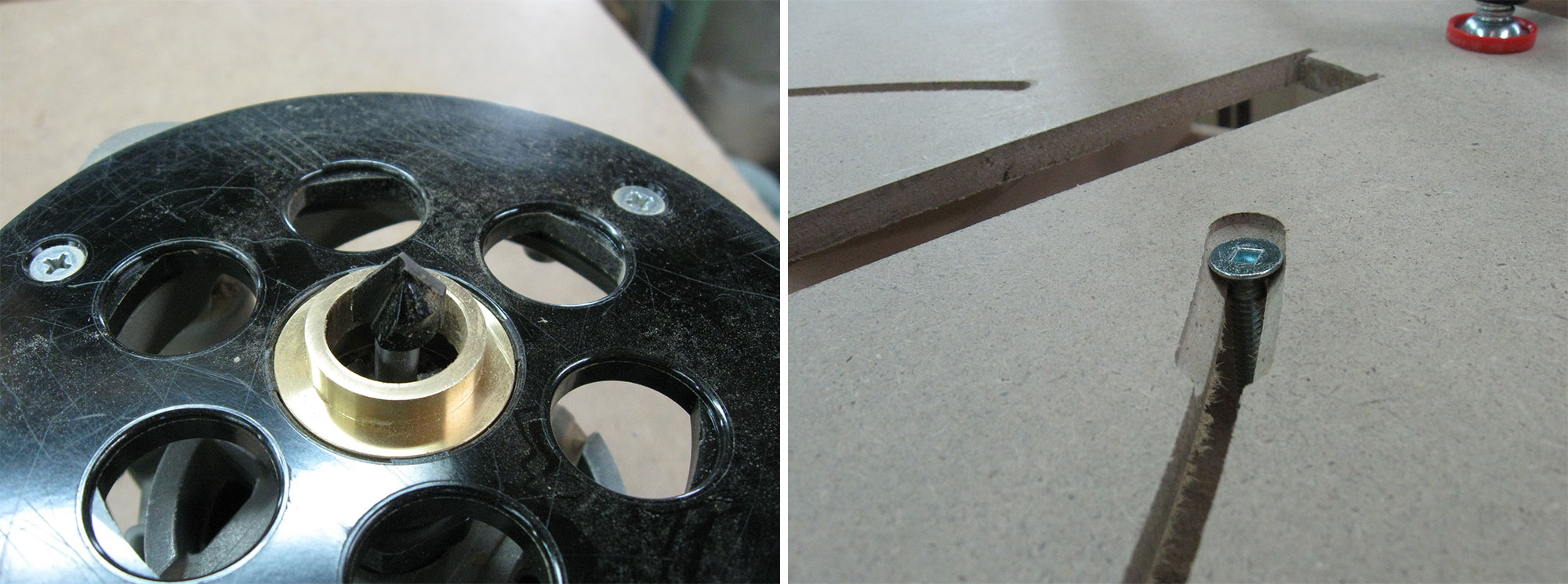 Left: V-groove bit installed in router. Right: Chamfered slot produced by V-bit.