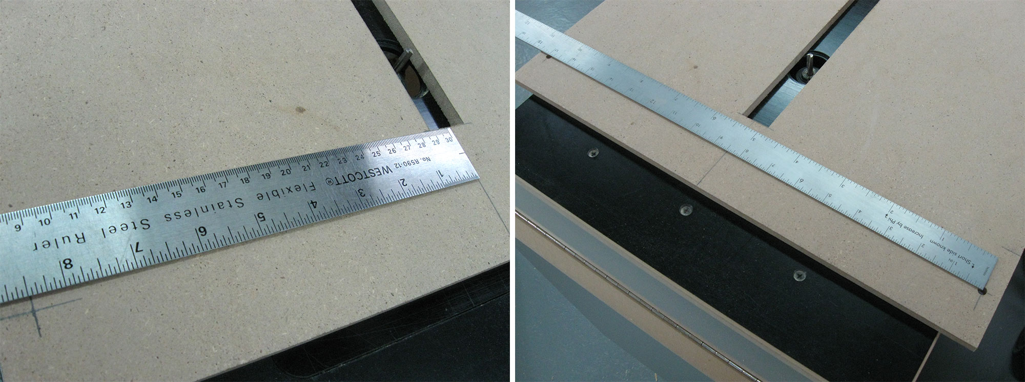 Left: Marking the position of the second pivot point. Right: Marking start/stop points of arced slots.