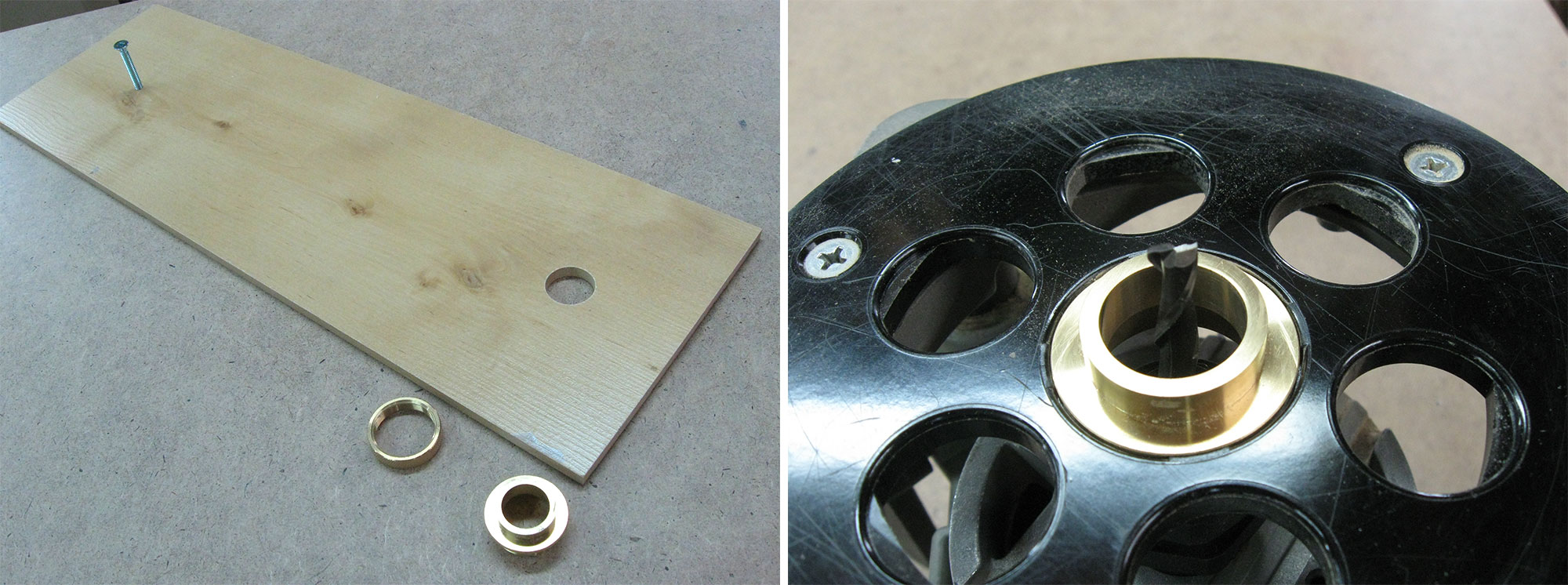 Left: Holes drilled into trammel. Right: 1” guide bushing installed in router baseplate.