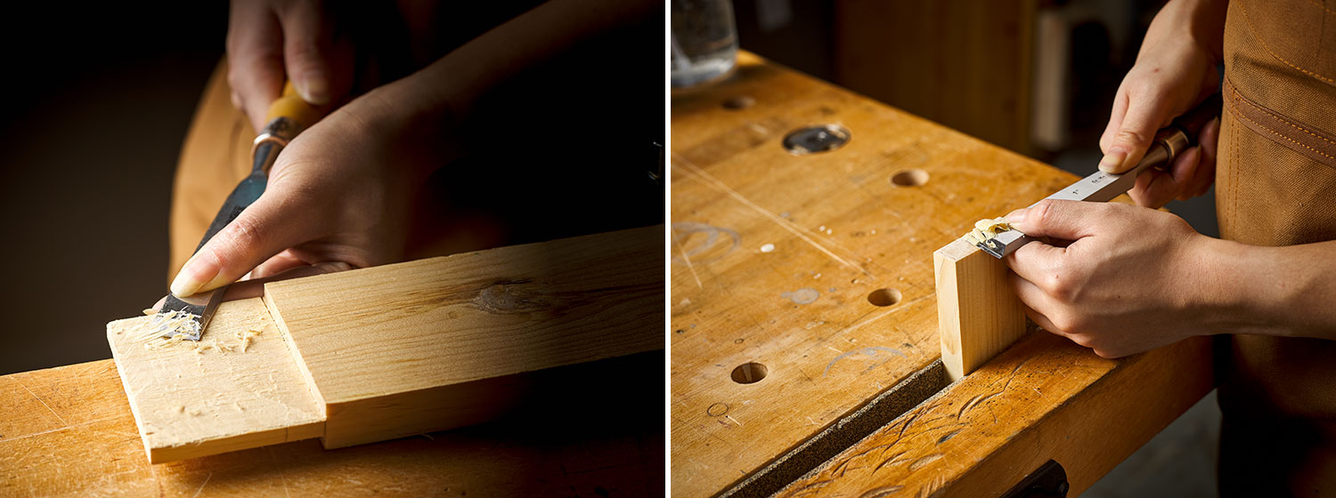 Image left: Paring a tenon cheek. Image right: Testing the edge on endgrain softwood.