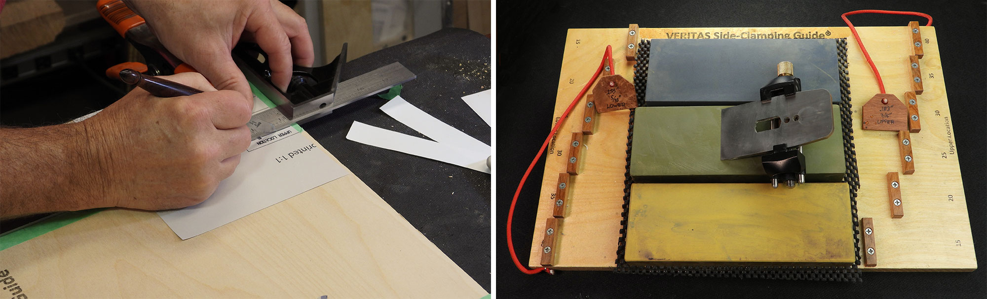 Image left: Marking the stop block locations. Image right: Stop-style jig with glued blocks.