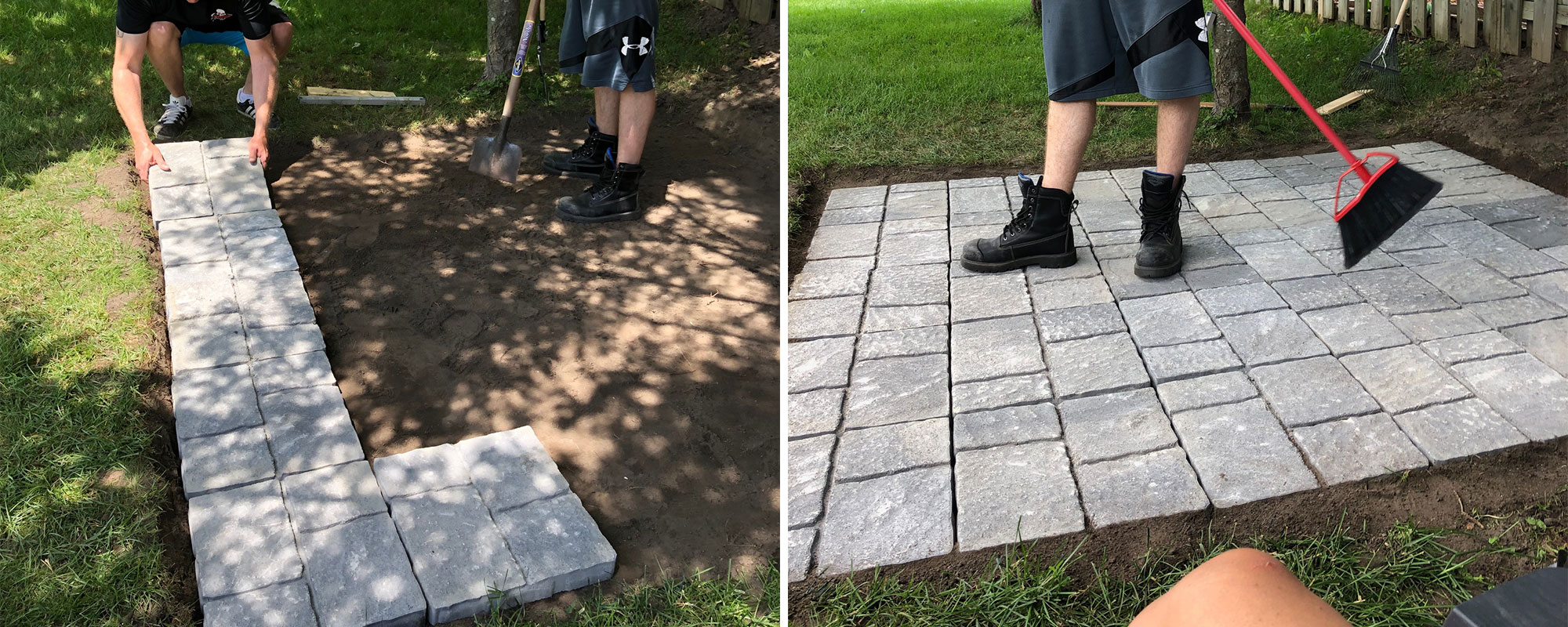 Image left: Positioning the patio stones on which the bar will sit. Image right: Sweeping completed patio area for bar.