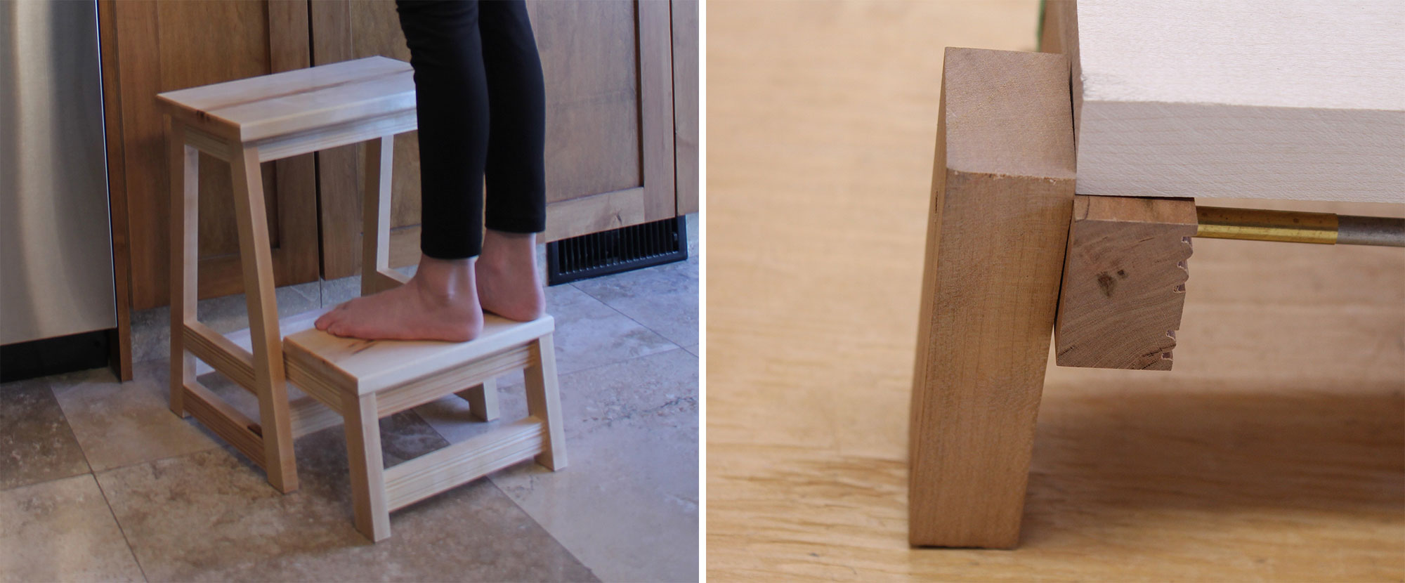 Left: A young girl standing on a stool with a hinged step. Right: The pin-hinge system for the stool was stress-tested using a mock-up.