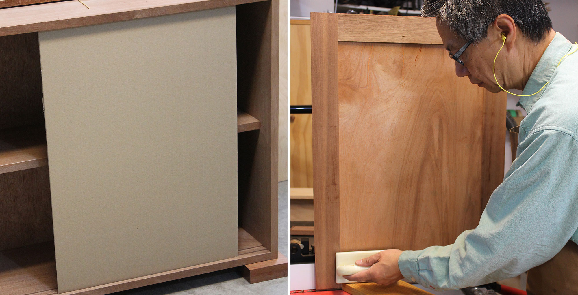 Left: Using two cardboard doors to confirm the accuracy of the author’s size calculation. Right: Trimming the doors after the mock-up exercise.