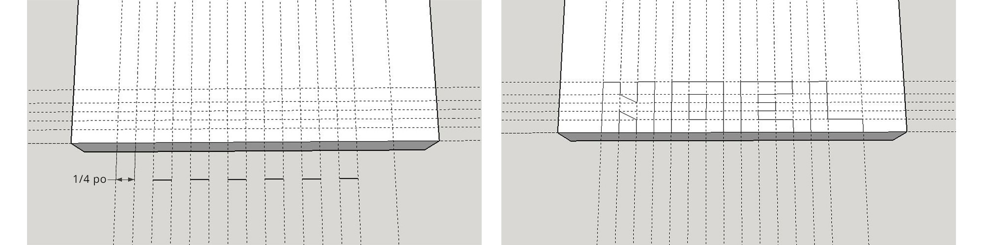 Image de gauche : Dessin technique d’un bout de planche avec des cotations. Image de droite : Dessin technique d’un bout de planche avec des lettres tracées.