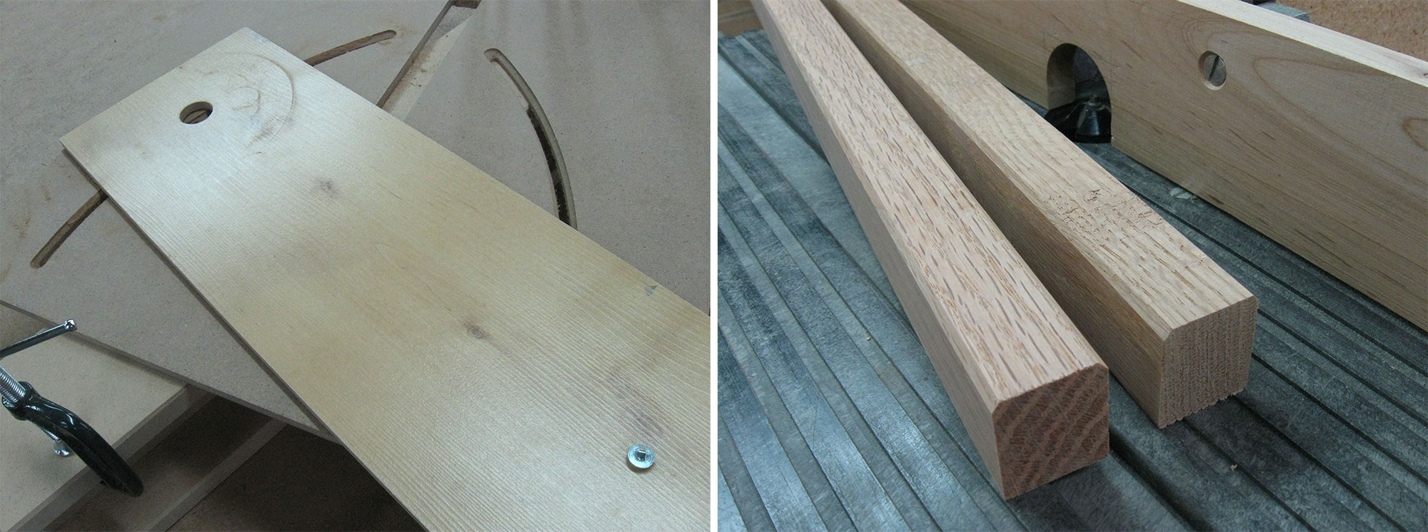 Image de gauche : Rainures terminées. Image de droite : Réalisation des tasseaux en bois dur.