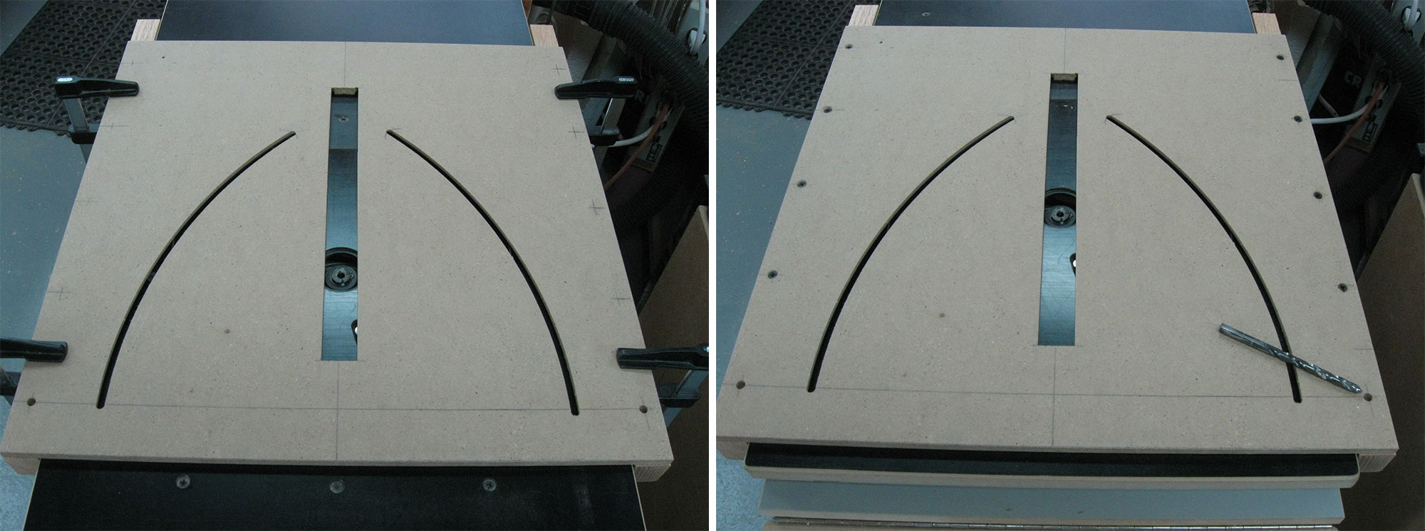 Image de gauche : Plateau de table à toupie utilisé pour positionner les tasseaux. Image de droite : Tasseaux fixés avec des vis.
