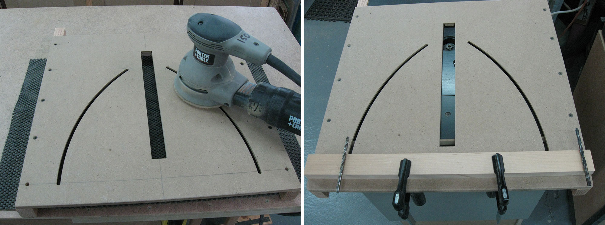 Image de gauche : Ponçage pour effacer les marques de traçage. Image de droite : Mise en place d'un guide en bois dur.