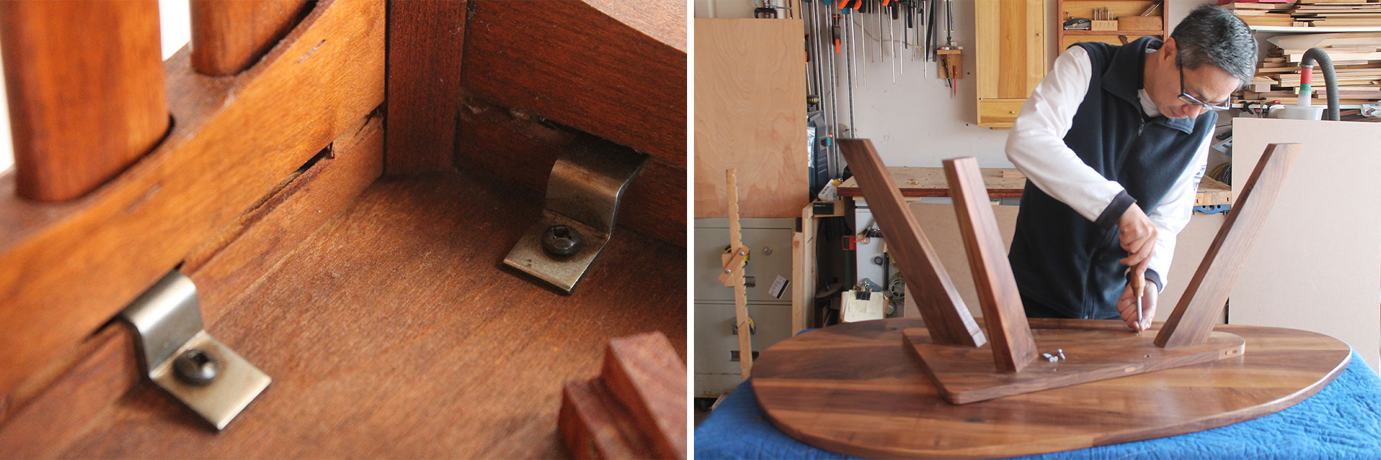Image de gauche : Fixation d'un plateau de table avec des attaches en métal. Image de droite : Charles Mak vissant un plateau de table au piètement.