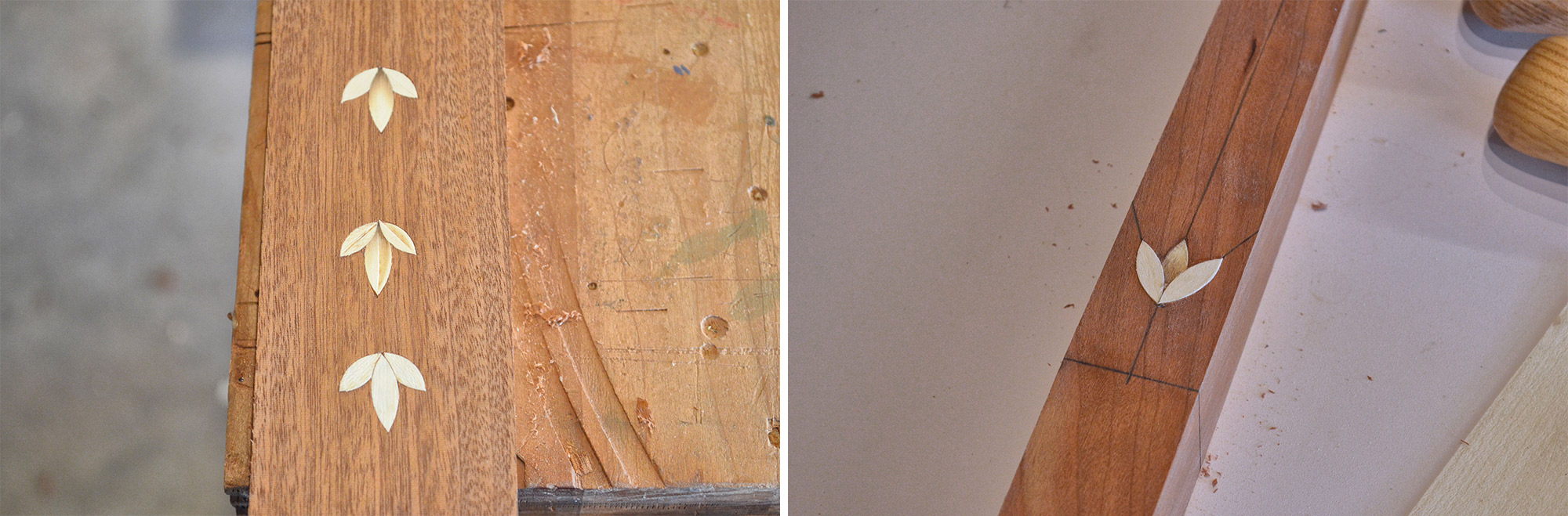 Image de gauche : Le motif de campanule simple et deux variantes. Image de droite : Pétale central ombré pour modifier l'apparence.