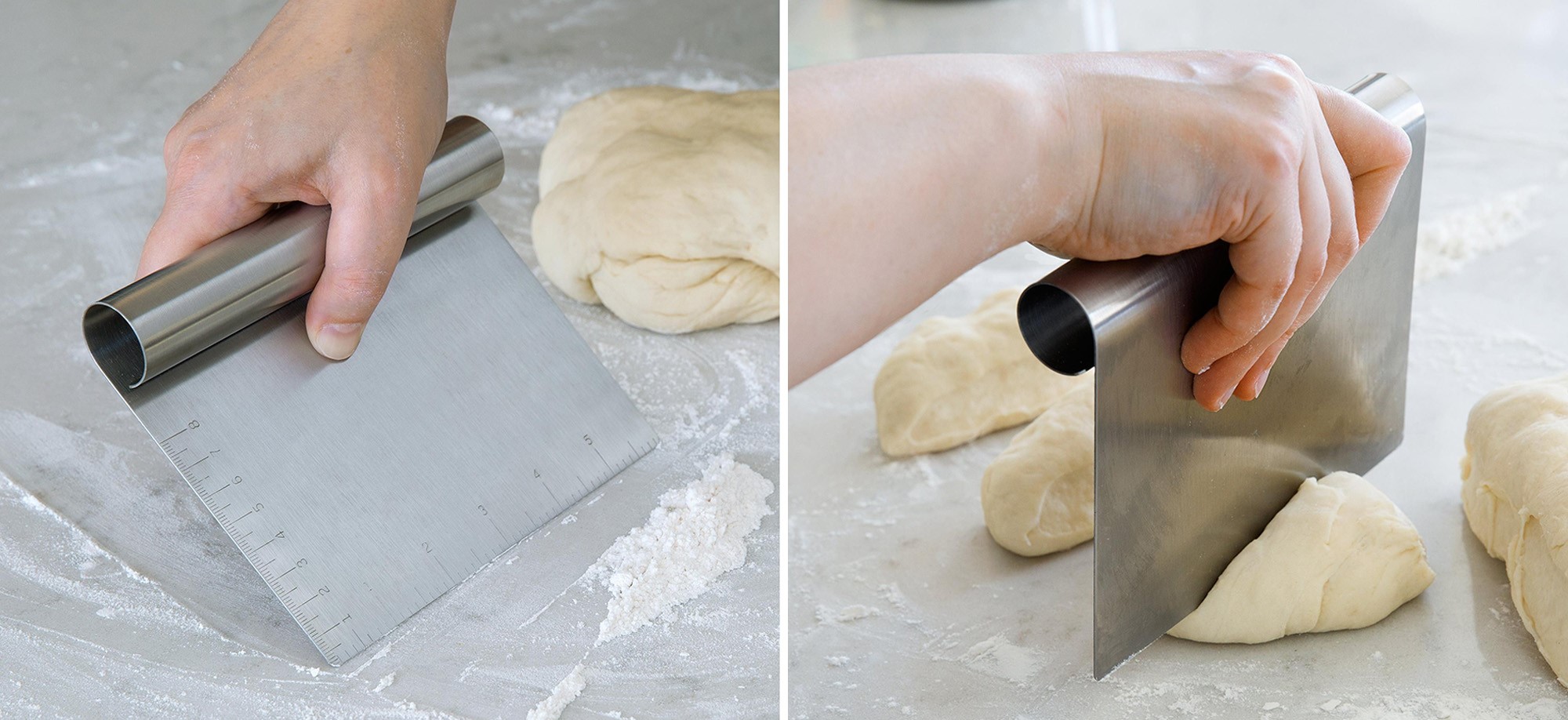Image de gauche : Personne raclant de la farine avec un racloir à pâte. Image de droite : Personne coupant une boule de pâte à l’aide d’un racloir à pâte.