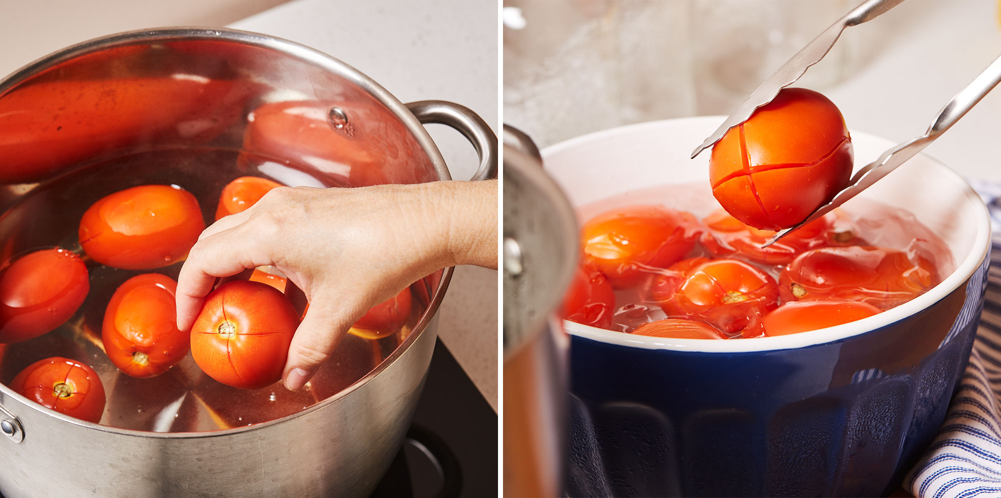 Image de gauche : Personne ajoutant des tomates dans une marmite pleine d’eau. Image de droite : Personne ajoutant des tomates bouillies dans un bol d’eau glacée.