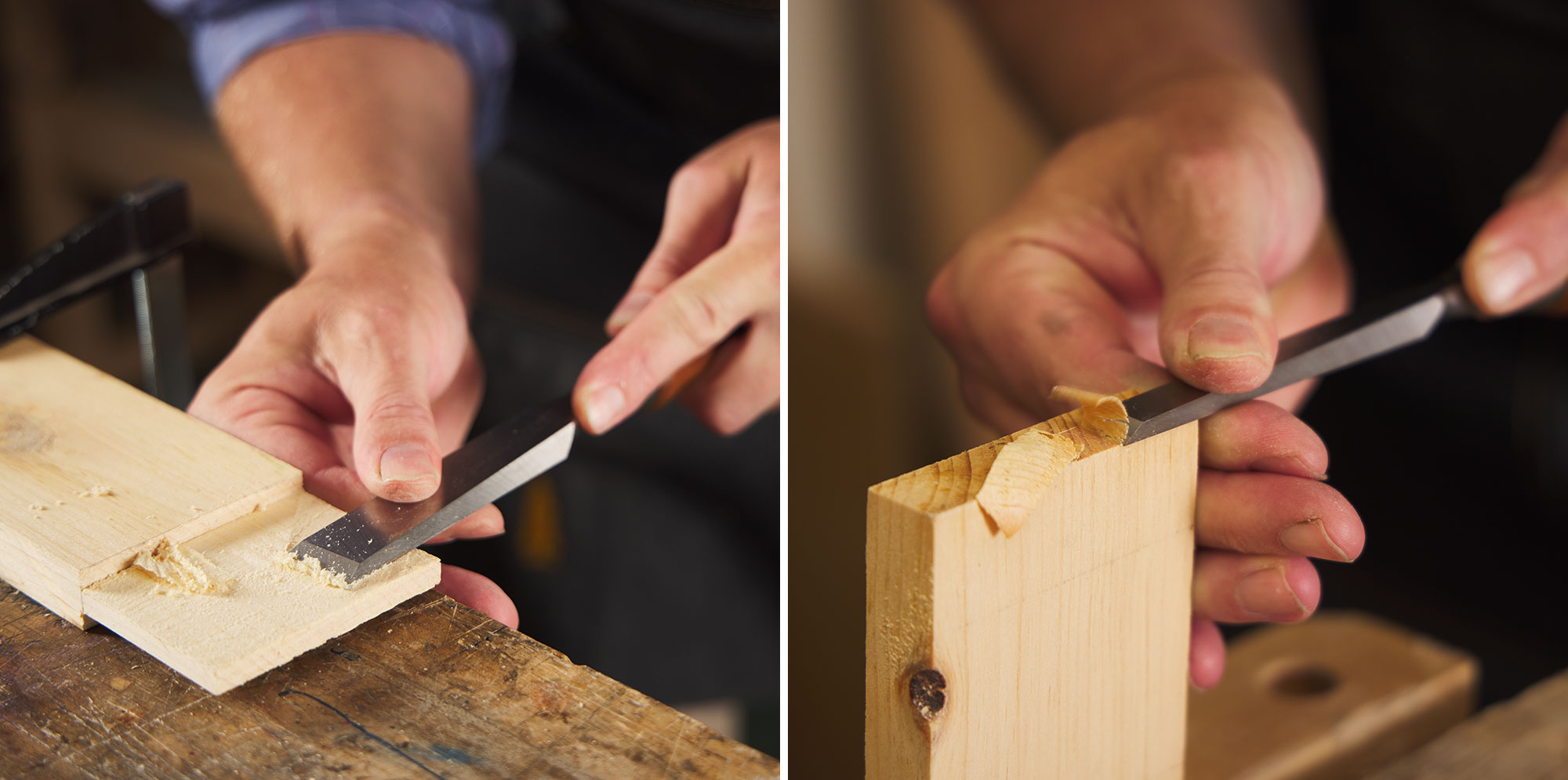 Image de gauche : Personne dressant la joue d'un tenon avec un ciseau à bois. Image de droite : Personne enlevant une mince couche de bois de bout avec un ciseau à bois sur une planche.