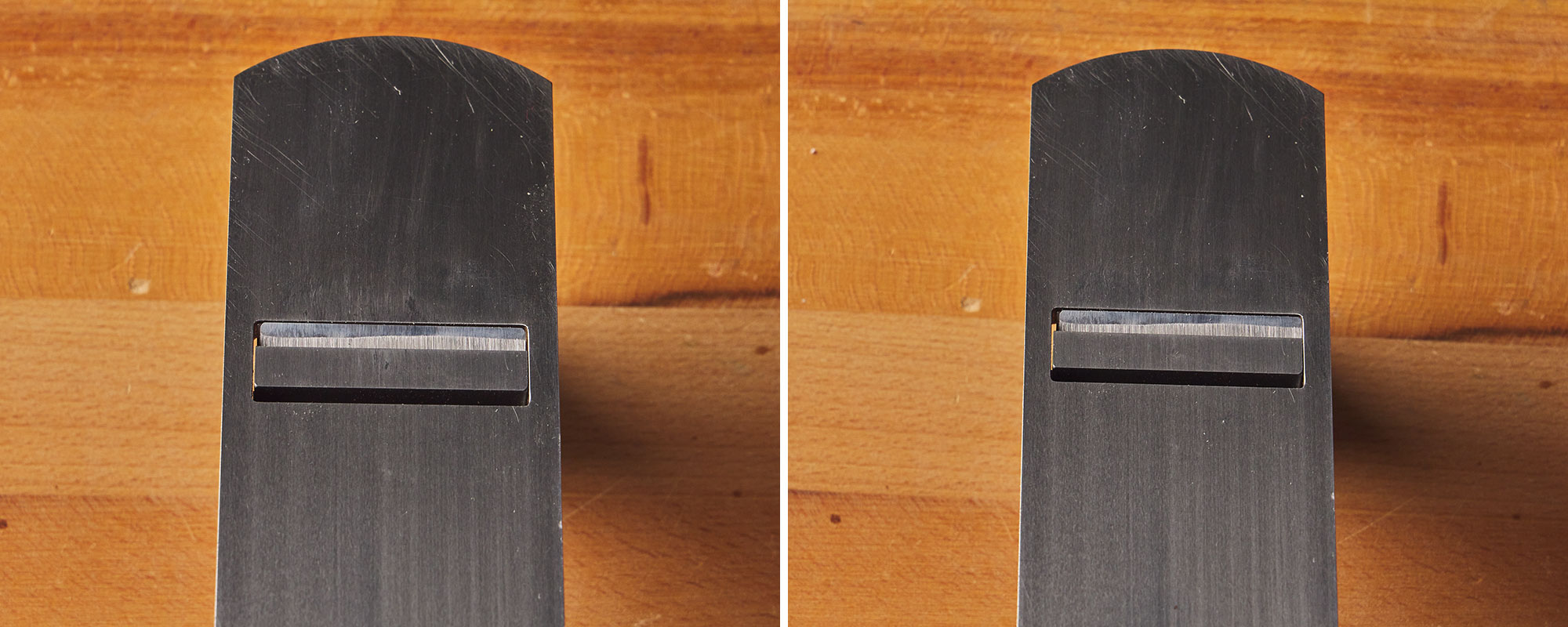 Image de gauche : Rabot vu de dessous avec sa lame non parallèle à  la lumière. Image de droite : Rabot vu de dessous avec sa lame parallèle à la lumière.