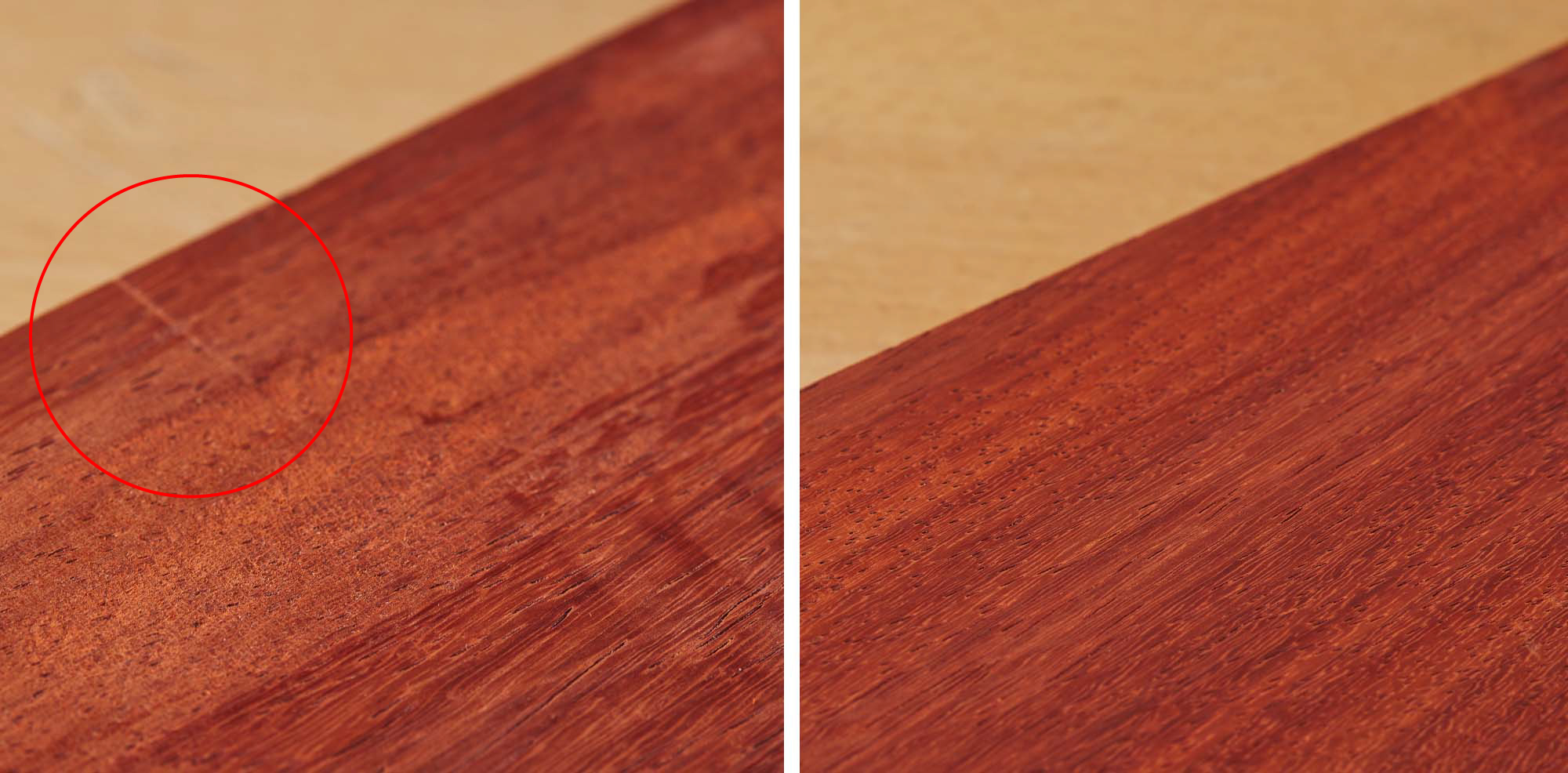 Image de gauche : Surface de bois présentant des arrachements. Image de droite : Surface de bois lisse et sans arrachements.