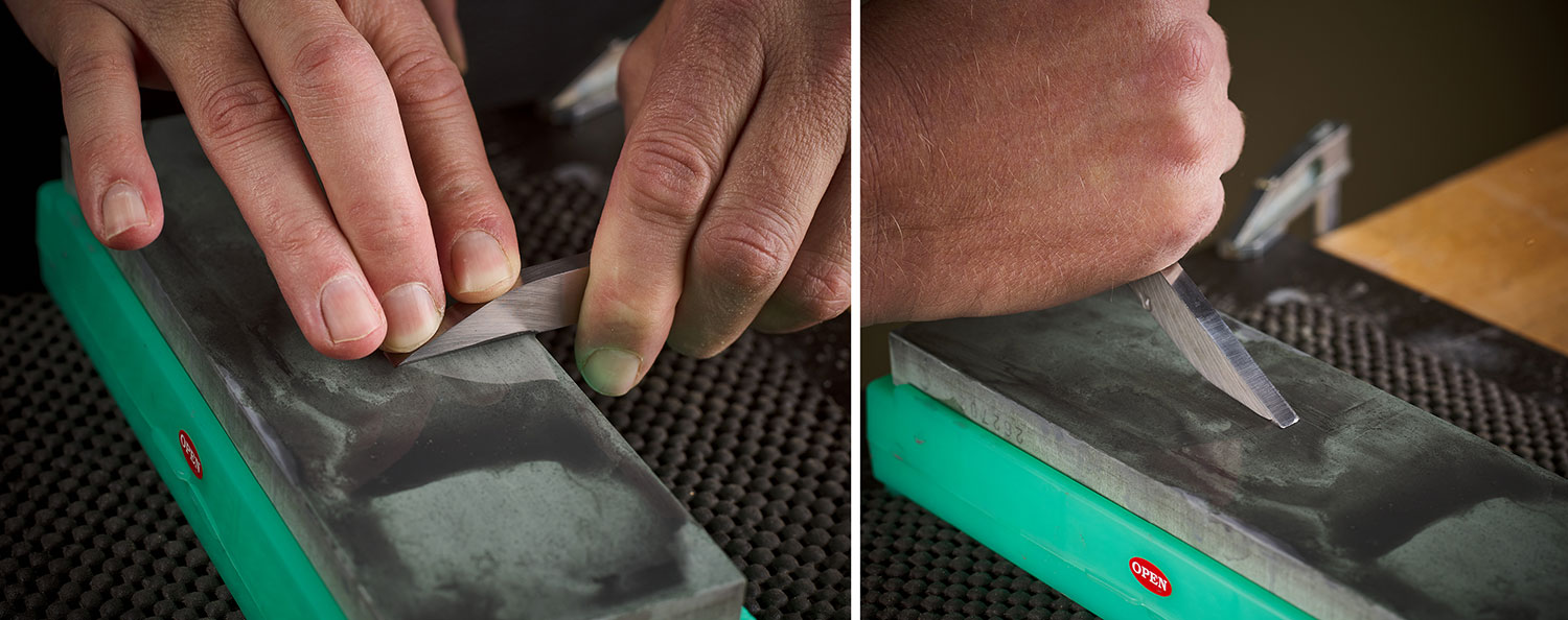 Image de gauche : Personne polissant le dos d'un ciseau à mortaise. Image de droite : Personne polissant le microbiseau d'un ciseau à mortaise.