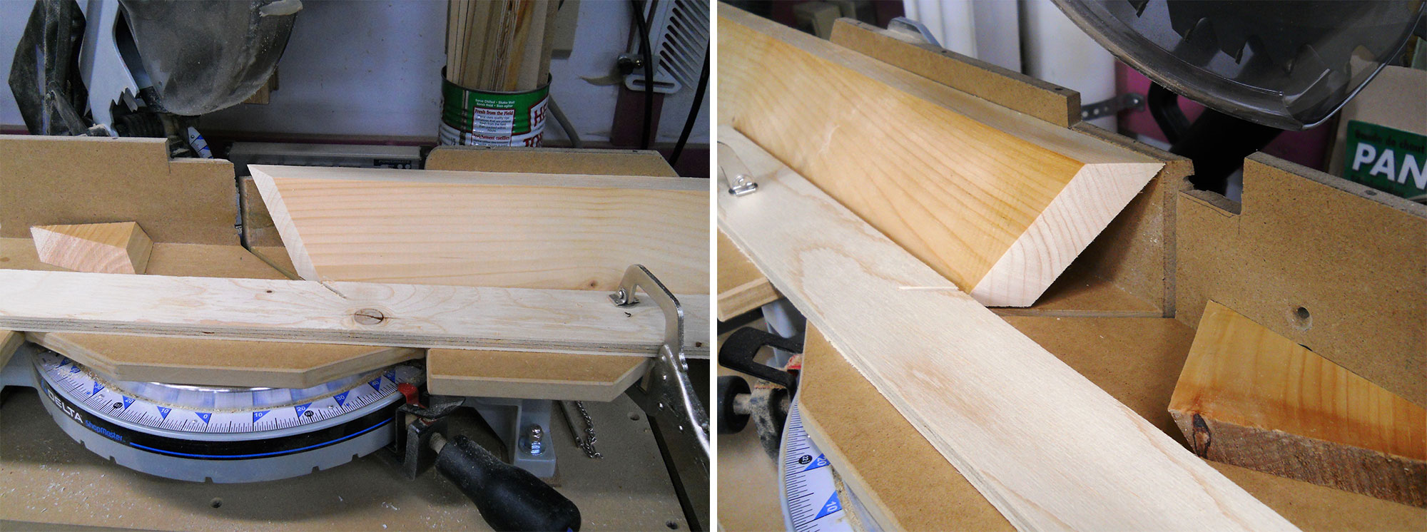 Image de gauche : Coupe d'un angle composé sur une scie à onglets. Image de droite : Installation pour coupe en angle composé.