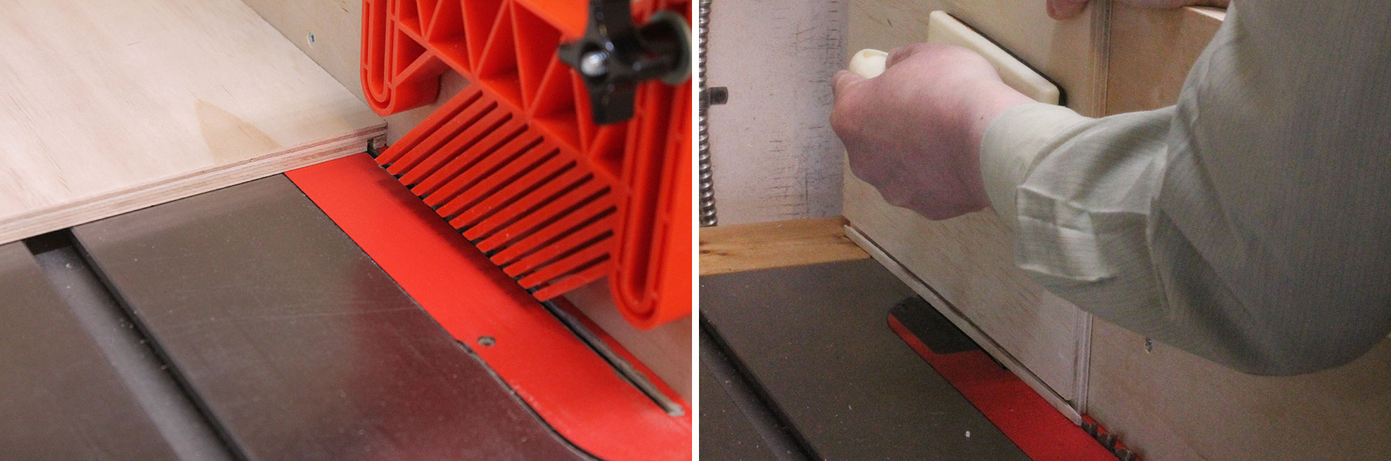 Image de gauche : Trait de scie fait dans une pièce de contreplaqué sur un banc de scie. Image de droite : Personne passant une pièce de contreplaqué à la verticale sur un banc de scie équipé d'un guide vertical.